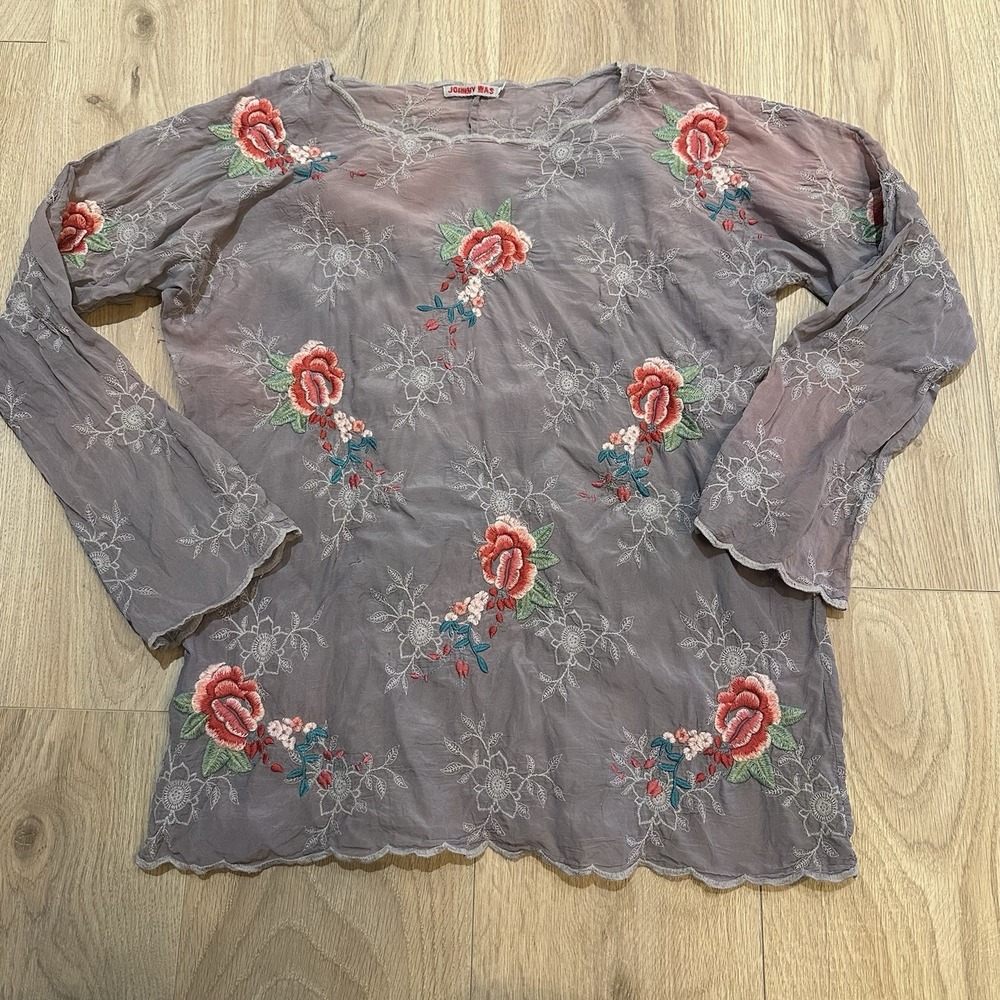 Johnny Blouse Top Womens Long Sleeve Embroidered Floral Round Neck Flaw
